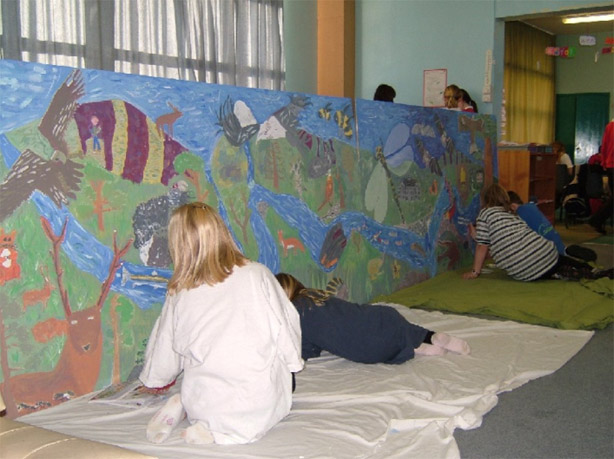 Children of Tarland School painting the River Dee Mural